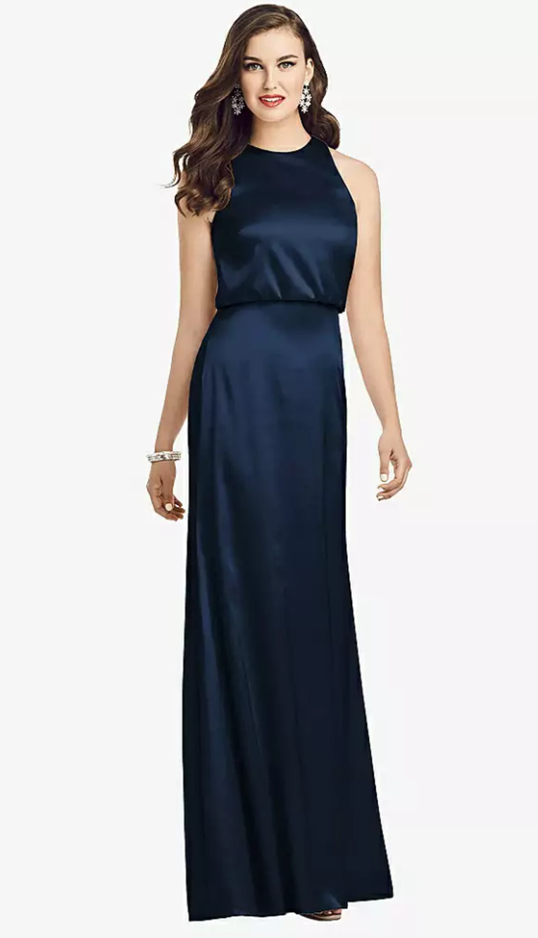 NEW! Dessy Collection Women's 14 Midnight Charmeuse Trumpet Maxi Dress I21-13